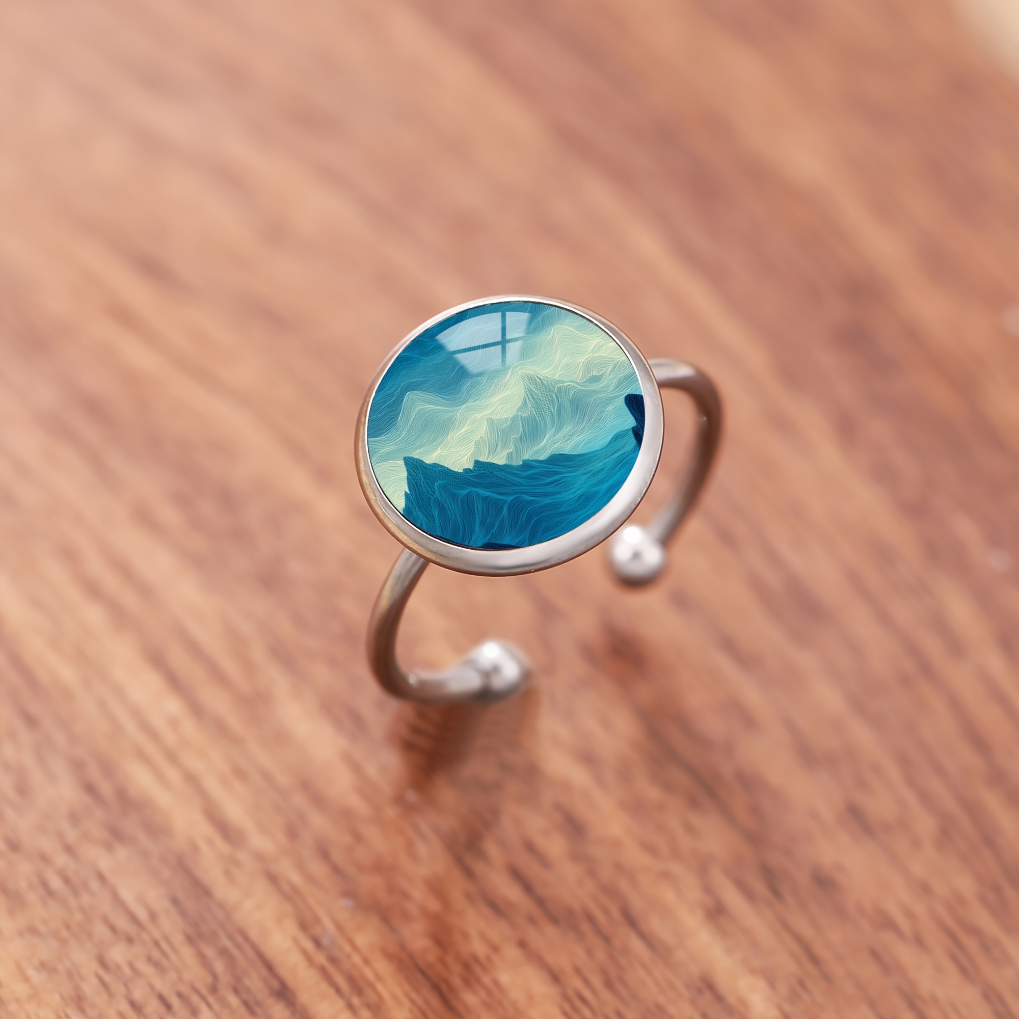 Unisex Gradient Blue Mountain Scenery Stainless Steel Ring